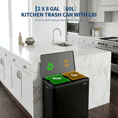 10.5 Gal Dual Compartment Stainless Steel Kitchen Trash Can with Lid, 20L+20L Recycling Garbage Bin, Soft Close Foot Pedal Trash Bin with 2 Removable Inner Buckets, Fingerprint Resistant for Home Offi - color: Black, size: 2x5.25Gal