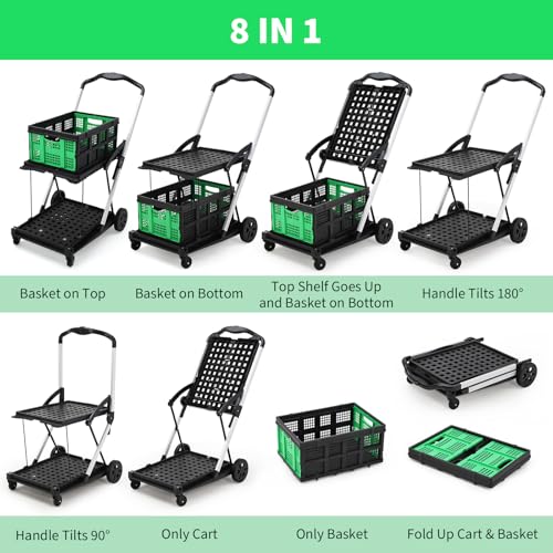 2-Tier Collapsible Aluminum Utility Cart, 198 Lb Capacity, 360° Wheels - color: Green