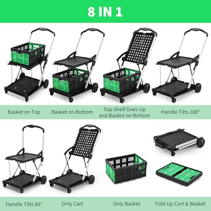 Foldable Shopping Cart, 1 Storage Crate, 2 Tier Collapsible Utility Cart - color: Green