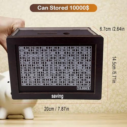 Money Saving Box Piggy Bank, Cash Coin Retro Money Savings Box with Counter for Savings Goal with Dry Erase Pen, Cash Vault Wooden Challenge Box for Boys and Girls ($10000, Brown) - color: Brown