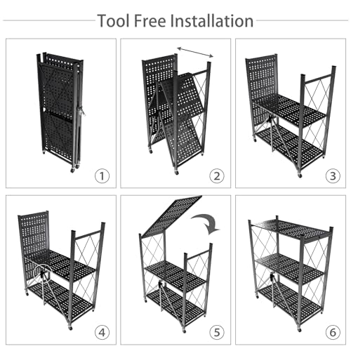 3 Tier Foldable Storage Shelf with Wheels Garage Shelving - color: Black, size: 3 Tier