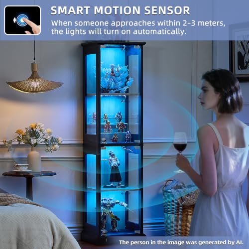 LELELINKY Farmhouse Narrow Glass Display Cabinet with Doors & Lock, Black - color: Black, size: 1 Pack