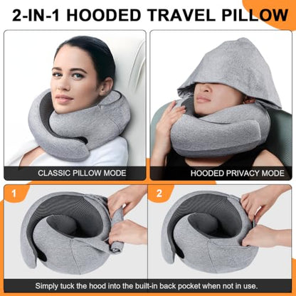 Travel Pillow - Hooded Neck Pillow Airplane Memory Foam Filling - color: Light Gray