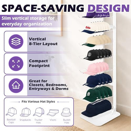 8 Tier Hat Display, Metal Hat Rack Stand Up to 70 Caps for Multiple Hats, Hats Display, White