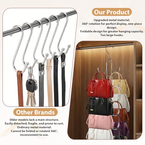 4 Pack Purse Organizer for Closet, Purse Hanger with 10 Big Hooks, 360 Degree Rotation Bag Holder for Organizer&Display, Foldable Space Saving Hangers Rack for Handbag, Belt, Scarf, Tie