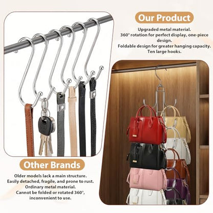 4 Pack Purse Organizer for Closet, Purse Hanger with 10 Big Hooks, 360 Degree Rotation Bag Holder for Organizer&Display, Foldable Space Saving Hangers Rack for Handbag, Belt, Scarf, Tie