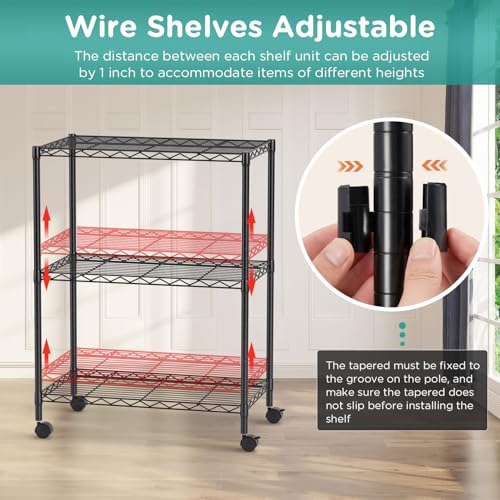 FDW | 3-Tier Wire Shelf with Wheels | 23" x 13" x 31" | Black - color: Black, size: 3-Shelf With Wheels