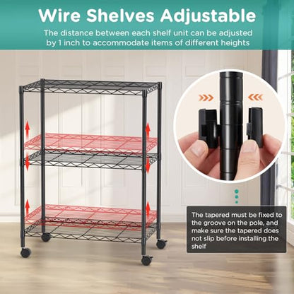 FDW | 3-Tier Wire Shelf with Wheels | 23" x 13" x 31" | Black - color: Black, size: 3-Shelf With Wheels