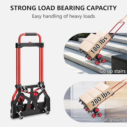 Stair Climbing Cart, 280 lbs Capacity Stair Climber Hand Truck and Dolly, Heavy-Duty Folding Stair Dolly with Stretchable Handle, 10 Wheels & 2 Elastic Ropes for Home Shopping Moving Warehouse