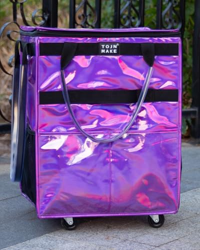 Reusable Grocery Bag with Wheels, Medium Glitter Purple Rolling Tote - color: Glitter Purple, size: Medium