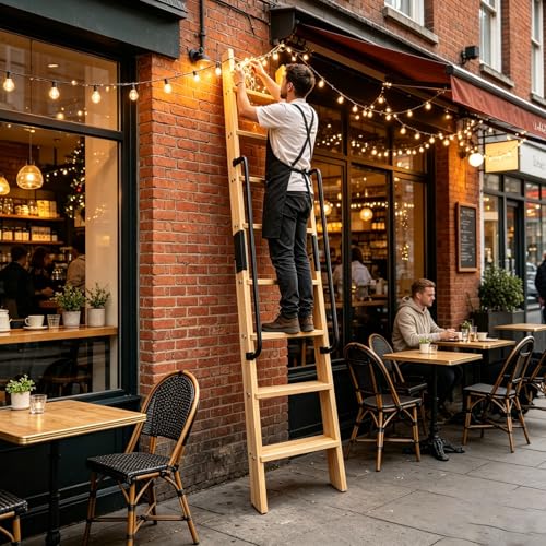 9.8FT Solid Wood Rolling Library Ladder, Industrial Style Loft Ladder with Double Handrails, 9 Steps Attic Ladder, 660LBS High Capacity, for Attic, Warehouse, Library, Bookshelf, Kitchen (9.8ft) - size: 9.8ft