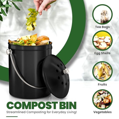 Utopia Kitchen Countertop Compost Bin 1.3 Gallon, Stainless Steel, Black - color: Black, size: 1.3 Gallon (Pack of 1)