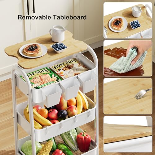 3 Tier White Metal Heavy Duty Rolling Cart with Wheels and Wooden Table Top - color: White