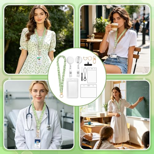 5 in 1 Set Green Scrunchies Lanyards for Id Badges, Stretchy Lanyard with ID Badges Holders for Women Teacher Nurse - color: Green