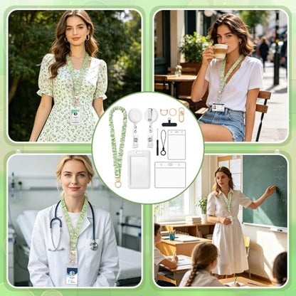 5 in 1 Set Green Scrunchies Lanyards for Id Badges, Stretchy Lanyard with ID Badges Holders for Women Teacher Nurse - color: Green