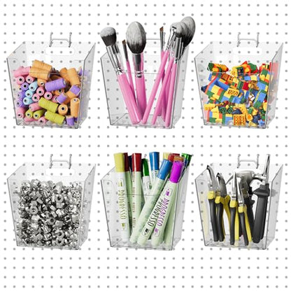 Clear Large Pegboard Cups, 6Pack Peg Board Square Storage Bins With Hooks - color: Clear