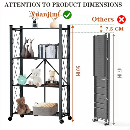 4 Tier Foldable Storage Shelf with Wheels, Metal Steel Collapsible Shelves - color: Black, size: 4 Tier