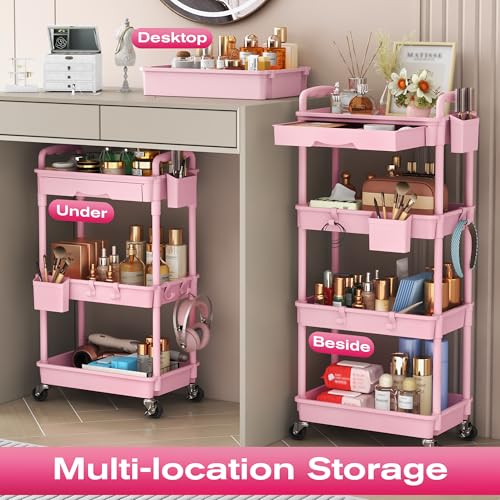 Goovilla Rolling Makeup Organizer Cart with Removable Drawer, 3 Tier Pink - color: Pink, size: 3 Tier