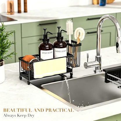 Kitchen Soap Dispenser Set with Sponge Holder and Towel Rack, 17OZ Glass Bottle, Hand and Dish Soap Dispenser Set, Non-Slip Silicone Pad, Brush Holder, Kitchen Sink Caddy Organizer Countertop (Amber) - color: Amber