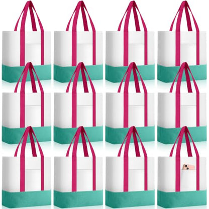 Sanwuta 12 Pcs Mini Canvas Tote Bags Bulk with Pocket Small Sublimation Blank Canvas Tote Reusable Grocery Bag for Women, DIY Craft (Green,Rose Pink) - color: Green,rose Pink