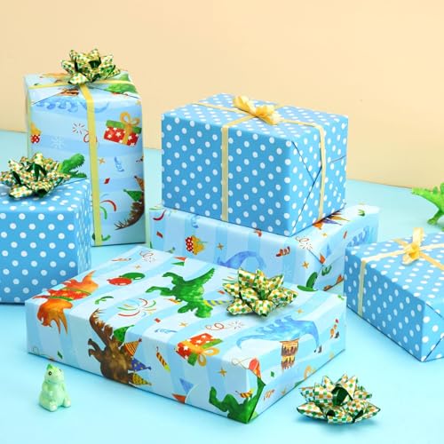 WERNNSAI Dinosaur Reversible Wrapping Paper Birthday Boy, 33 ft Blue Dino - color: Dinosaur C