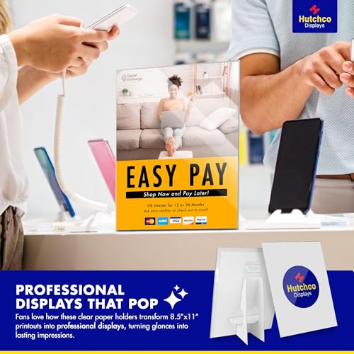 Paper Sign Holder (5 x 7 Inches) Plastic Countertop Display w/Shatterproof (No Acrylic) Clear Design & Cardboard Easel Back Tabletop Slant Support for Stackable Lightweight Portable by Hutchco