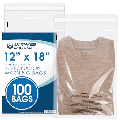 12” X 18” (100 Count) Self Seal Clear Poly Bags with Suffocation Warning - size: 12" X 18"
