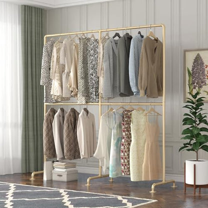 Industrial Pipe Clothing Rack, Heavy Duty Metal Clothes Rack with Double Rods, Freestanding Garment Rack for Bedroom Boutique Retail Use - color: gold-78''