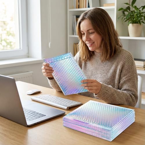 50 Pack Metallic Bubble Mailers, Holographic Bubble Mailer, 3 Size