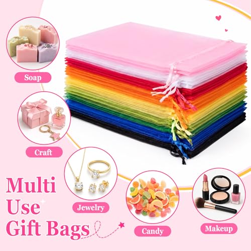 ANZNKU 100PCS Organza Bags 6x9, Pink Small Mesh Gift Bags Drawstring Bulk - color: Pink