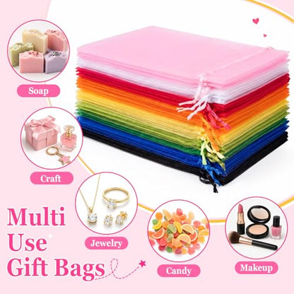 ANZNKU 100PCS Organza Bags 6x9, Pink Small Mesh Gift Bags Drawstring Bulk - color: Pink