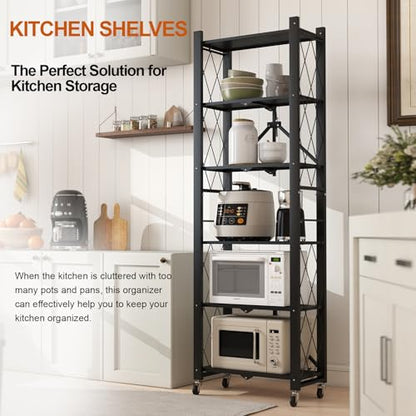 6-Tier Foldable Storage Shelves with Wheels Folding Bookshelf no Assembly - color: Black, size: 6 Tier