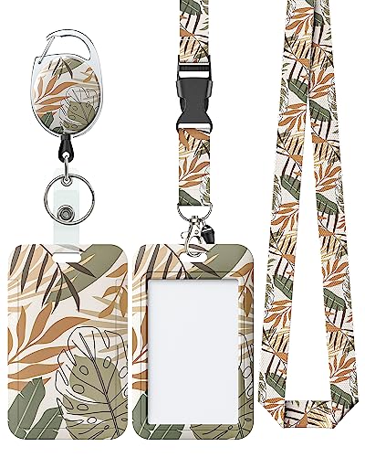 Uniclife Floral Sliding Badge Holder Monstera Leaves Plastic Case with Retractable Badge Reel Carabiner Clip and Detachable Lanyard Strap Vertical Card Protector for Women Nurse Teacher Student - color: Monstera Leaves