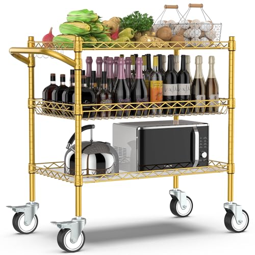 Leteuke 3 Tier Rolling Carts with Wheels, Heavy Duty Rolling Utility Cart - color: Gold
