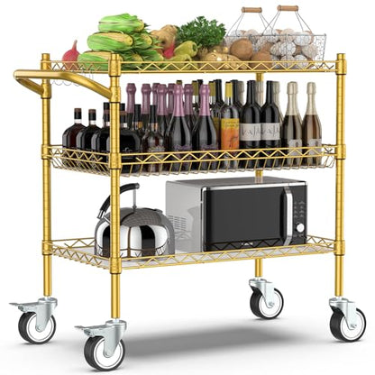 Leteuke 3 Tier Rolling Carts with Wheels, Heavy Duty Rolling Utility Cart - color: Gold