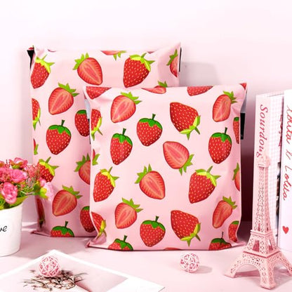 Whaline 100Pcs Strawberry Poly Mailer 10 x 13 Inch Pink Red Fruit Mailing Bag Cute Self-Sealing Plastic Packaging Envelope Bag for Small Business - style: Strawberry