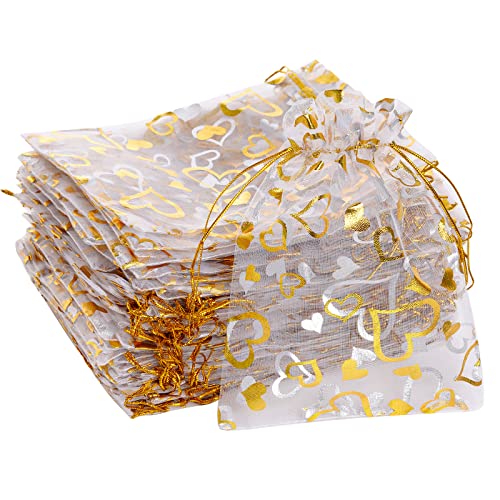 Bskifnn 100PCS Heart Printed Organza Bags Gift Jewelry Candy Bags for Wedding Valentine's Day Mother's Day Party Christmas 5x7Inch (White) - color: White