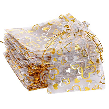 Bskifnn 100PCS Heart Printed Organza Bags Gift Jewelry Candy Bags for Wedding Valentine's Day Mother's Day Party Christmas 5x7Inch (White) - color: White