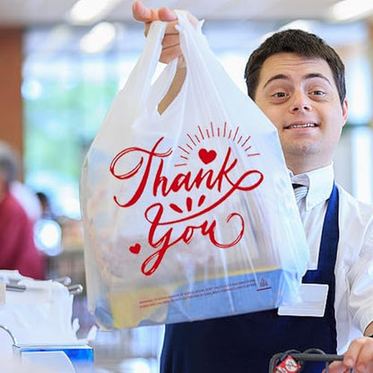300 Pack Upgraded White Thank You T-Shirt Bags - 11.5"x6.5"x21" Reusable Grocery Bags with Handles, Eco-Friendly Retail Packaging for Supermarket & Small Business