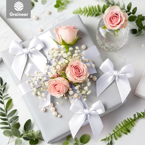 50 Pcs White Satin Ribbon Bows, 3.5" x 3.5", with Twist Ties - color: White