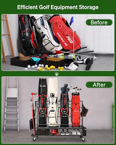 FHXZH Golf Bag Storage Garage Organizer - Golf Bag Stand with Wheels - color: Black - 4 Golf Bag Organizer