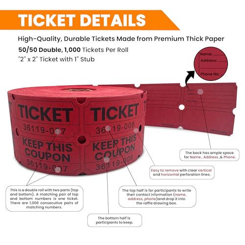 PM Company 2000 Pcs (1000 Pairs) Raffle Tickets Double Roll, 50/50 Red - color: Red