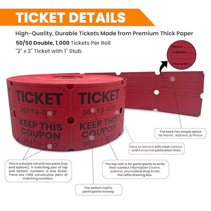 PM Company 2000 Pcs (1000 Pairs) Raffle Tickets Double Roll, 50/50 Red - color: Red