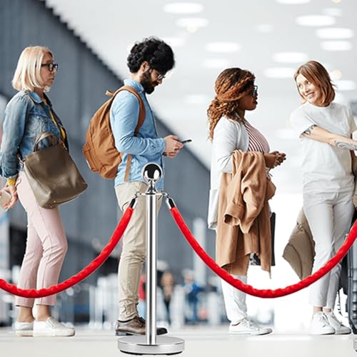 4 Pcs Commercial Stainless Steel Stanchion Posts with 2x5ft Red Velvet Ropes, Quick Setup, Crowd Control Posts and Ropes, Event Barrier with Hollow Base for Queue/Party/Red Carpet