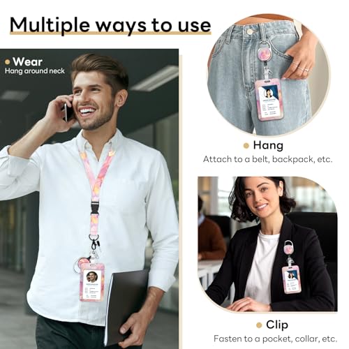 Retractable Badge Holder with Detachable Lanyard, Pink Marble - color: Pink Marble