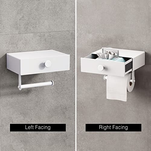 VOLDRA Toilet Paper Holder with Shelf White Wipes Dispenser for Bathroom Toilet Paper Holder with Storage Upgrade Drawer Design Toilet Tissue Holder Adhesive Small Bathroom Shelf Wall Mount - color: White