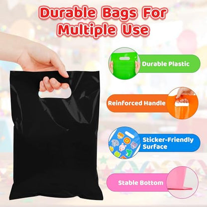 VieFantaisie 50 PCS Black Party Favor Bags, 8" x 11" Goodie Bags for Candy Treat Craft Easter Egg, Plastic Gift Bag with Die Cut Handles for Birthday Party, School Events & Small Business, Wedding - color: Black-50PCS-8x11Inch