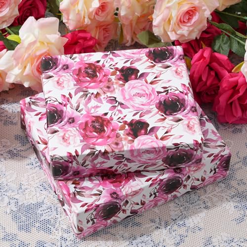 ZINTBIAL Floral Wrapping Paper Roll - Purple Rose Design, 17 Inches x 16.5 Feet, Gift Wrap for Wedding, Bridal Shower, Birthday, Mother's Day,Anniversary, Cut Lines on Back - color: Purple-Floral