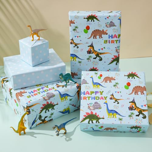 ZINTBIAL Dinosaur Reversible Wrapping Paper Roll - Boys & Girls Birthday Gift Wrapping Paper - 17 Inch x 33 Feet - Great for Baby Shower, Kids Party - Blue Dinosaur Design with White Polka Dots Back - color: Dinosaur -Blue