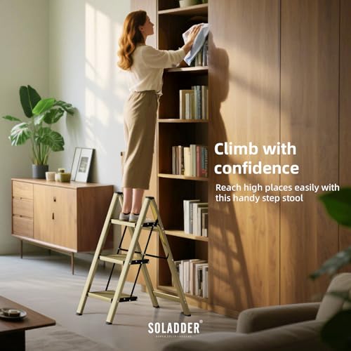 SOLADDER 3 Step Ladder, Folding Step Stool, Brown Gold - color: Brown Gold, size: 3 Step